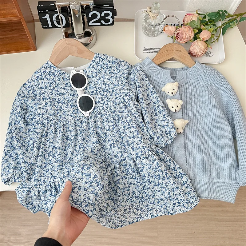 

Girls Spring Set Fragmented Flower Dress+Knitted Cardigan Children's Princess Dress Baby Casual Outwear Two Piece Set Clothes