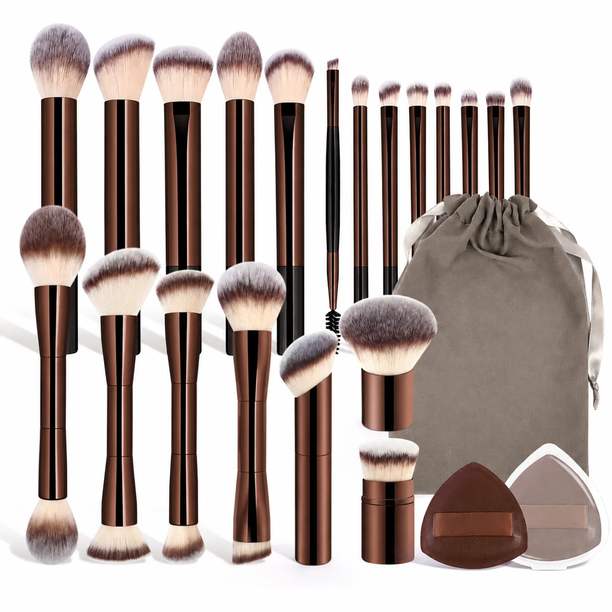 20Pcs Coffee Brown Makeup Brush Set with Bag & Puffs, Dual-Ended Face Eye Brushes, Soft Synthetic Bristles, Foundation Blush Con