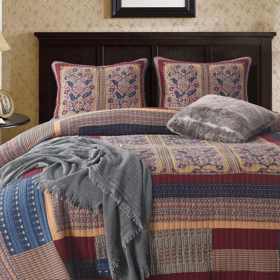 

Vintage Patchwork Cotton Quilt Set 3PC Bedspread on the Bed CHAUSUB Quilted Bed Cover King Size Summer Blanket for Bed Coverlet