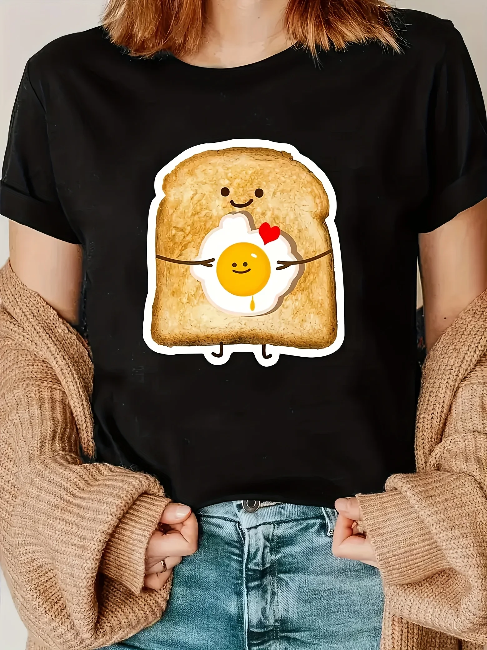 المرأة لعوب نخب البيض الجرافيك طباعة تي شيرت أسود كم طاقم الرقبة رداء علوي غير رسمي Harajuku قصيرة الأكمام ملابس جمالية غير رسمية #1