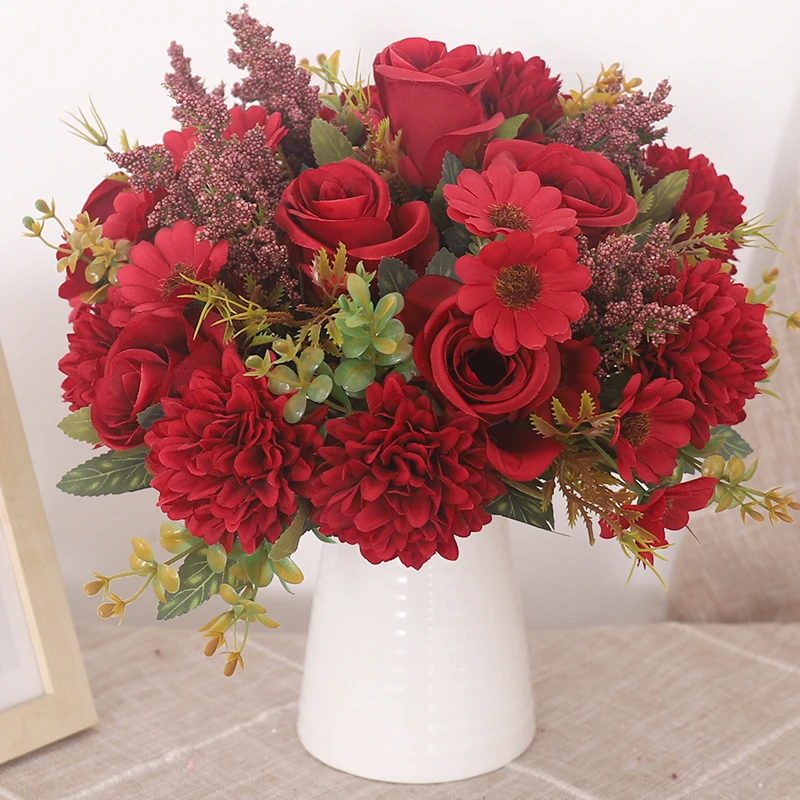 Künstliche Blumen Herbst Rosen Seide Hortensien Gänseblümchen Hause Tisch Blumenstrauß Dekoration Hochzeit Braut Weihnachten Gefälschte Blumen Dekor – Detail 7