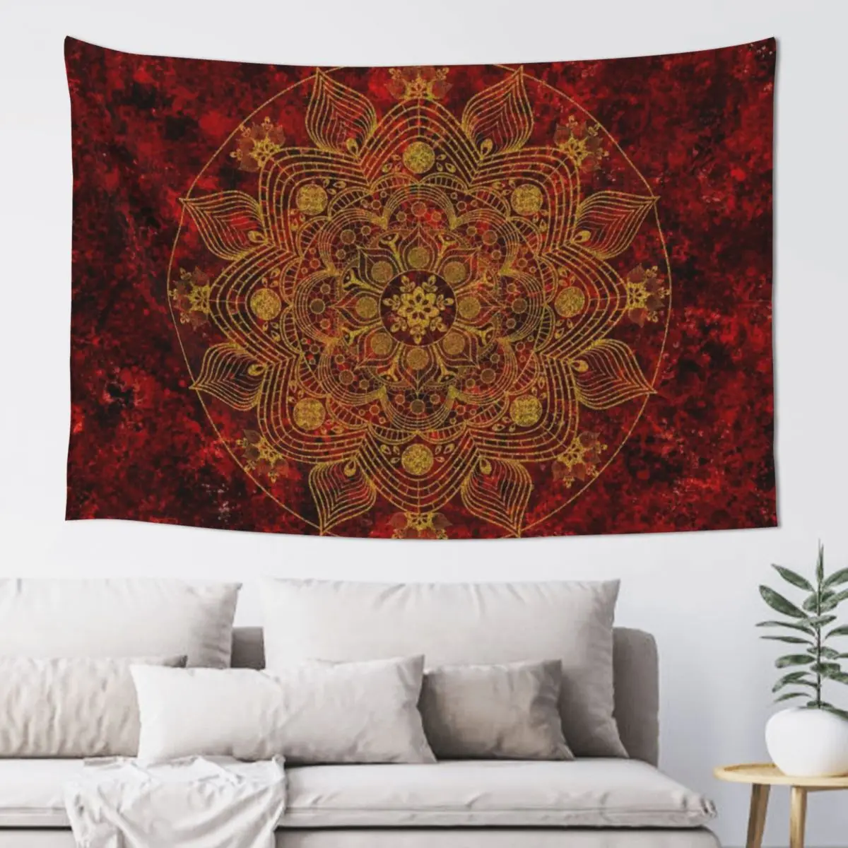 

Exquisite Gold Lace Mandala on Red and Black Background Tapestry For Bedroom Bedroom Decorations Tapestry