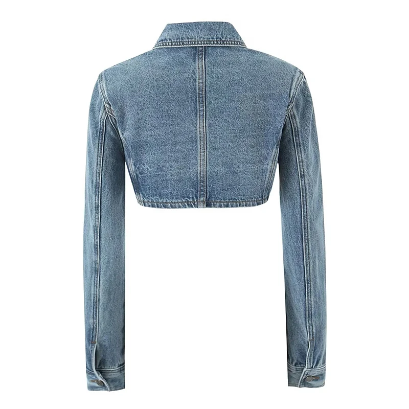 Lavado denim ultracurto jaqueta outono inverno sólido azul casaco feminino senhora do escritório topos fino ajuste feminino bolso decoração roupas