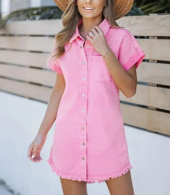 

Women's Dress 2026 New Hot Selling Short Sleeved Denim Shirt Skirt Denim Buckle Casual Versatile Dress Simple Casual Dress