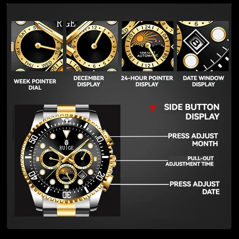 RUIGE High-Quality Multifunctional Men's Fully Automatic Mechanical Watch Stainless Steel Men's Night Light Waterproof Versatile