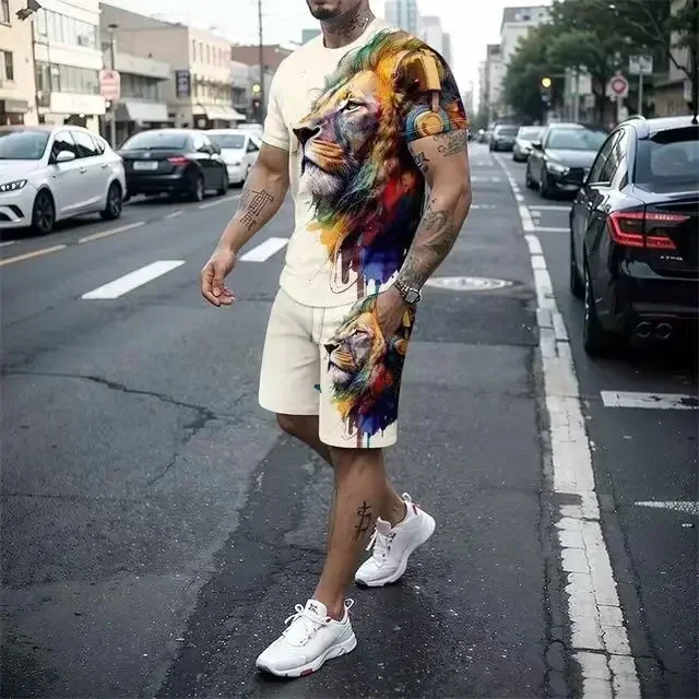 2025 Fashion Casual Round Neck Short Sleeved Shorts 3D Set Personalized Lion and Tiger Pattern Printed Casual Party Clothing
