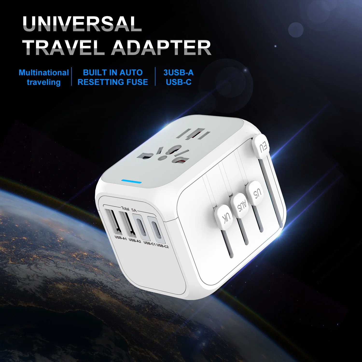 Universal Travel Adapter International Power Travel Plug with 2 USB-A and 2 USB C Wall Charger for Europe USA UK AUS Asia White