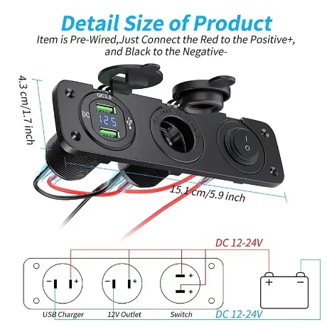 3 in 1 Car Dual USB Charger Cigarette Lighter Socket Power Outlet Adapter with Voltmeter Switch for Car Marine Boat ATV Truck