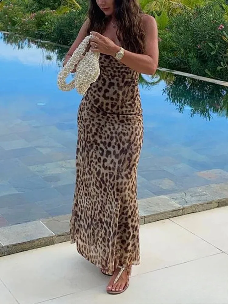 KONDALA Vintage Leopard Print Chiffon Sexy Cami Dress Women V Neck Sleeveless Party Dress Fashion 2024 Summer Streetwear Dress