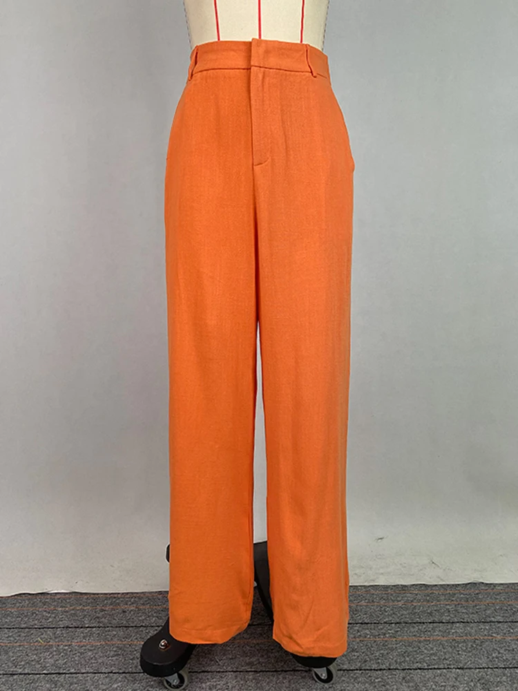 Beautyblue-pantalones de cintura alta para mujer, Pantalón recto de pierna ancha, informales, holgados, con bolsillos, color naranja, elegantes, para oficina