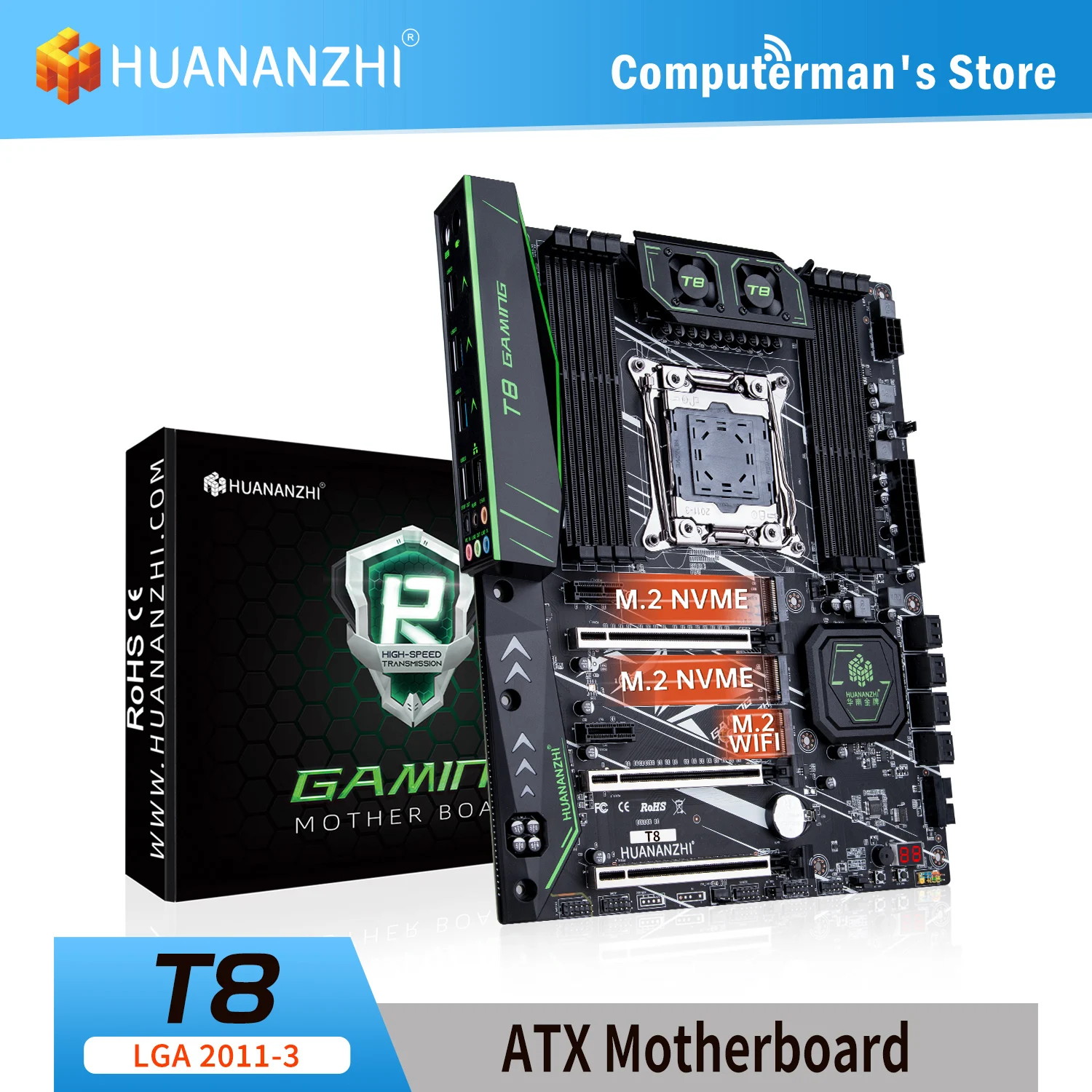 

HUANANZHI X99 T8 LGA 2011-3 X99 Motherboard Intel XEON E5 LGA2011-3 All Series DDR3 RECC NON-ECC memory dual NVME M.2 Server