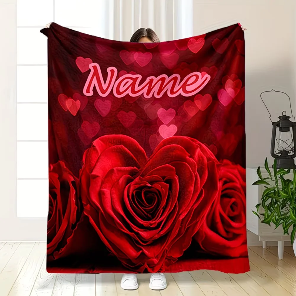 Personalized Red Rose & Heart Pattern Blanket | Custom Name & Text, Soft Cozy, Exclusive Gift for Valentine's Day, Anniversary &