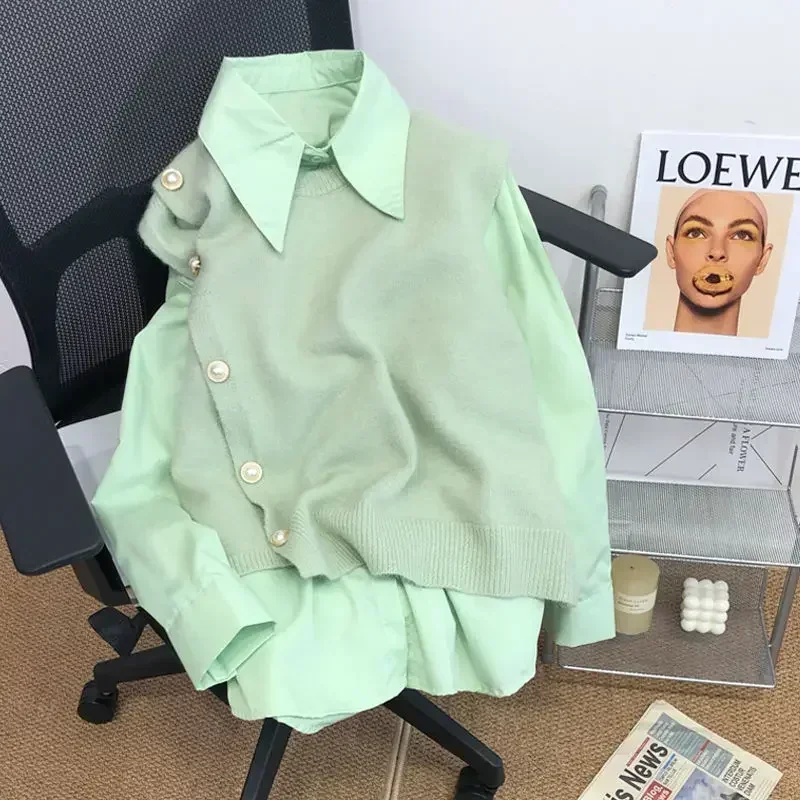 

Модные женские блузки-жилеты с круглым вырезом, асимметричные, на пуговицах, с вставками, весна 2024, новинка, свободные вязаные повседневные топы в корейском стиле