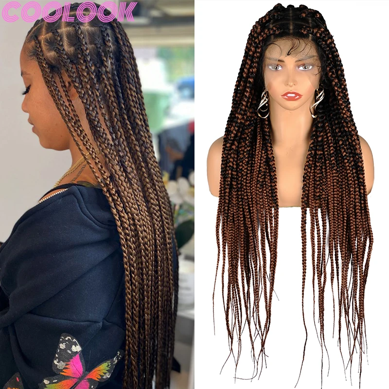 

36 Inches Synthetic Large Square Braided Wigs Brown Full Lace Frontal Braid Wig with Bang Knotless Braids Wig for African Women