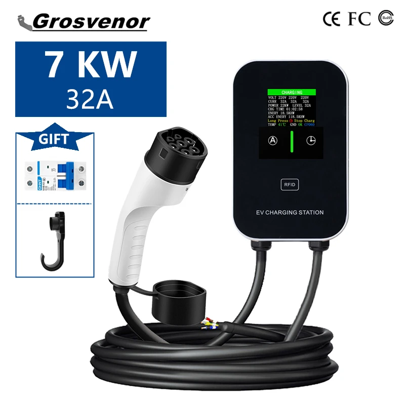 7KW 32A Type 2 Electric Vehicle Charger Car Charging Station Type 1 GBT EVSE Wallbox 1Phase EV Charger with Screen Cards