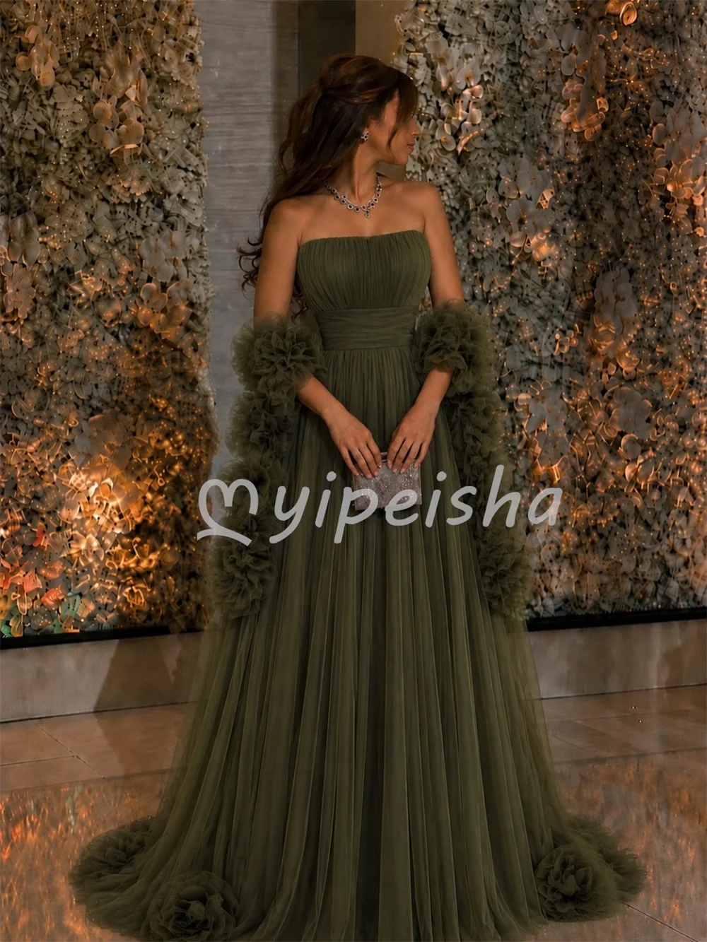 Navy Green Tulle Fashion Matching Handmade Flower Shawl A-line Strapless Floor-Length Evening Dresses for Woman Customized