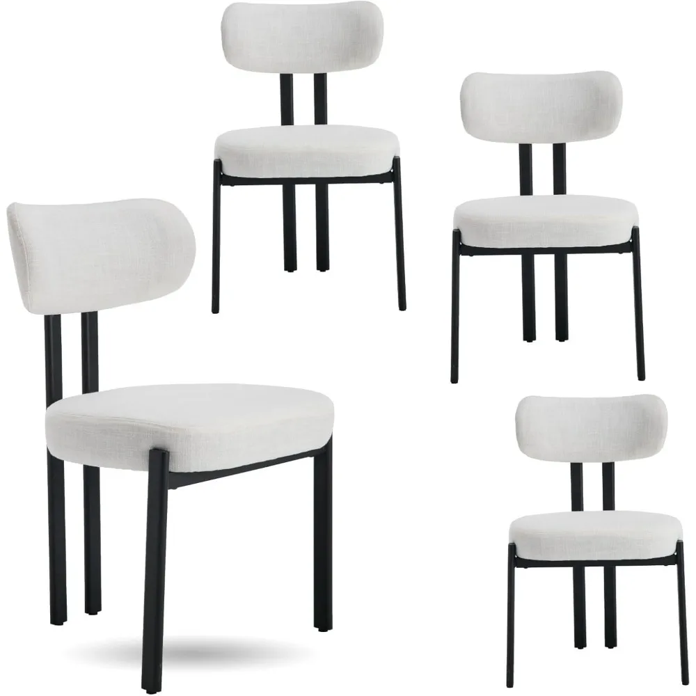 Linen Dining Chairs Set of 4, Modern Upholstered Armless Kitchen Chairs with Black Metal Legs Curved Back Dining Room Chairs