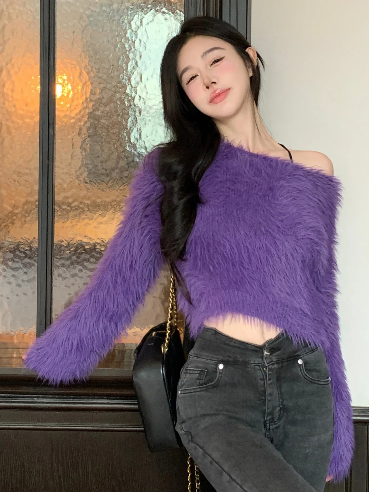 Spicy Girl Pure Desire Sexy oulder Bared One oulder Long Sve Top Lazy Loose Slimming ort Length Camere Sweater