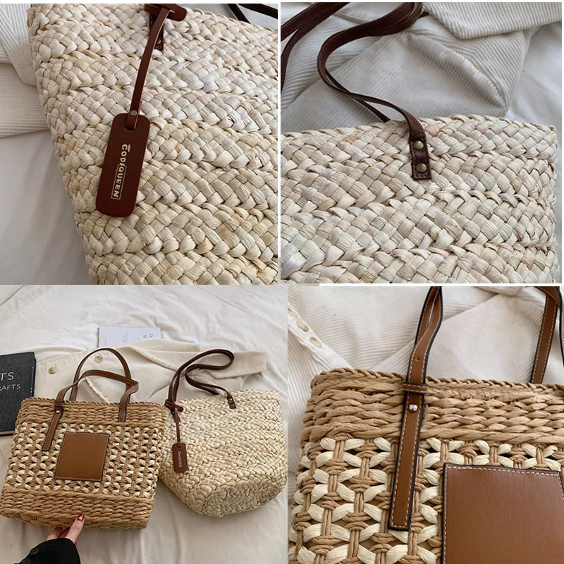 2023 Summer Straw Beach Basket Bag Fashion Women Rattan Shoulder Bag Large Capacity Woven Hand-made Handbag Female Purse Totes