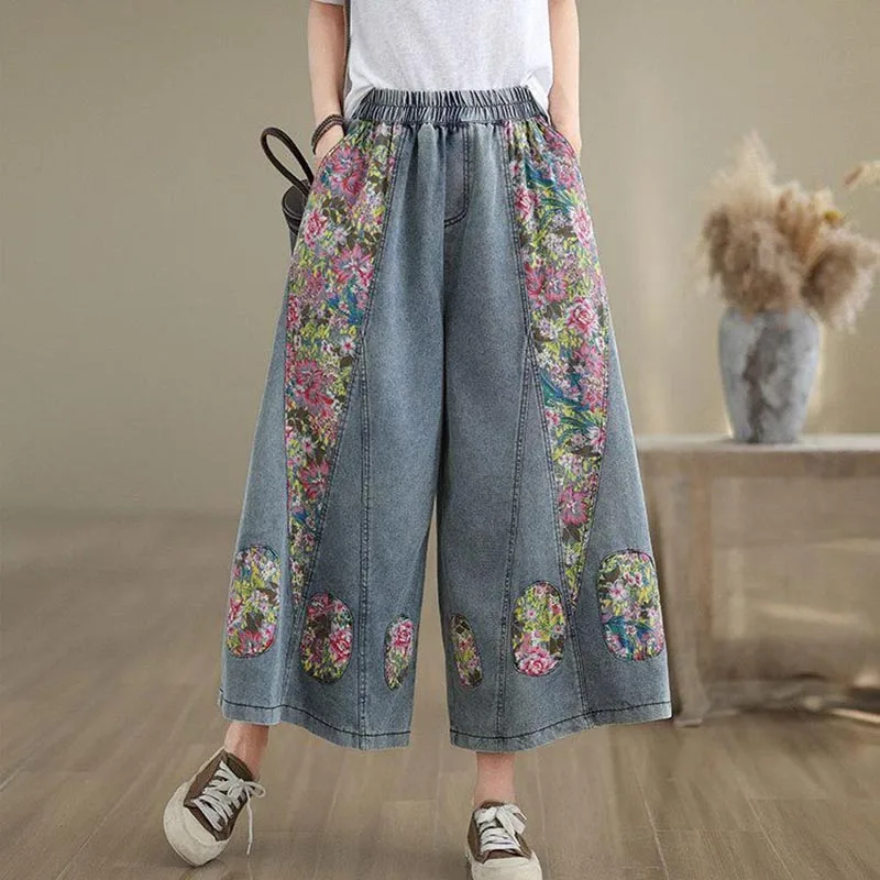 High Waist Wide Leg Denim Pants Women New Arrival 2026 Vintage Style Patchwork Floral Print Loose Female Casual Jeans