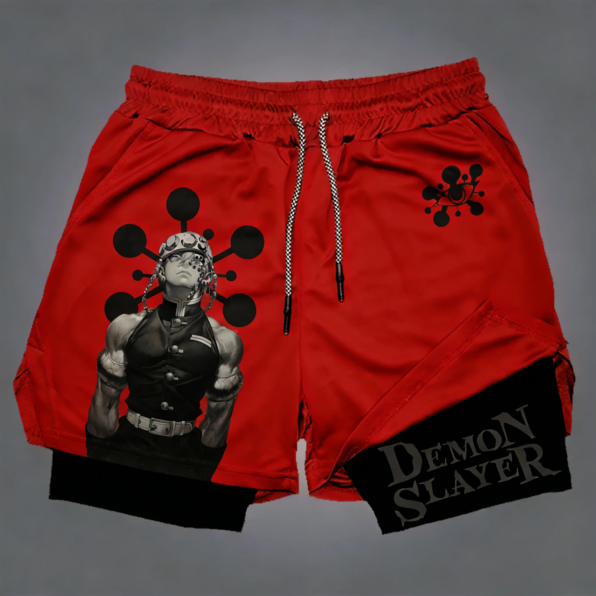 

2026 New Demon Slayer Anime Printed Shorts 2026 Men's Summer Trendy Fitness Running Quick Drying Breathable 2-in-1 Sports Shorts