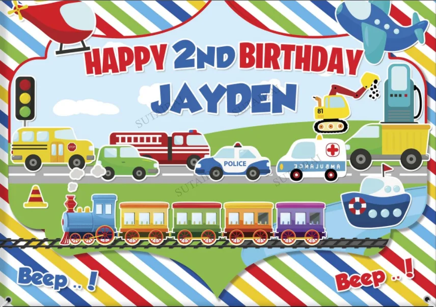 Vinyl Train Cars Vehicle Theme Photography Backdrop Hot Air Balloon Boys Birthday Backdrop Photo Studio Party Decorations Banner