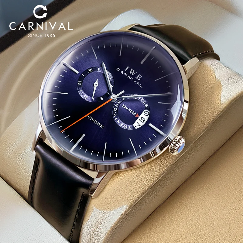 Carnival Luxury MIYOTA Movement Mechanical Watch for Men Leather Strap Waterproof 3D Arc Sapphire Glass Automatic Wristwatches