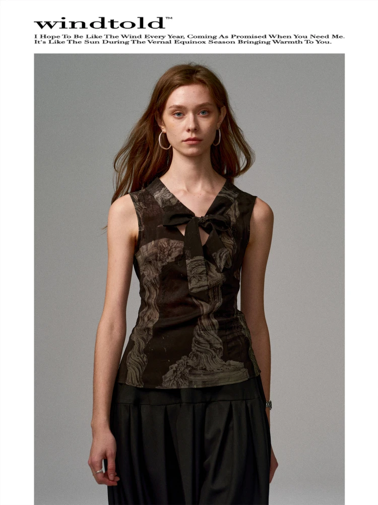 

Windtold Copper Ammonia Fiber 00% ort Svel Vest Vintage Print Belted Slim Fit Women's Top Summer Commute Sle