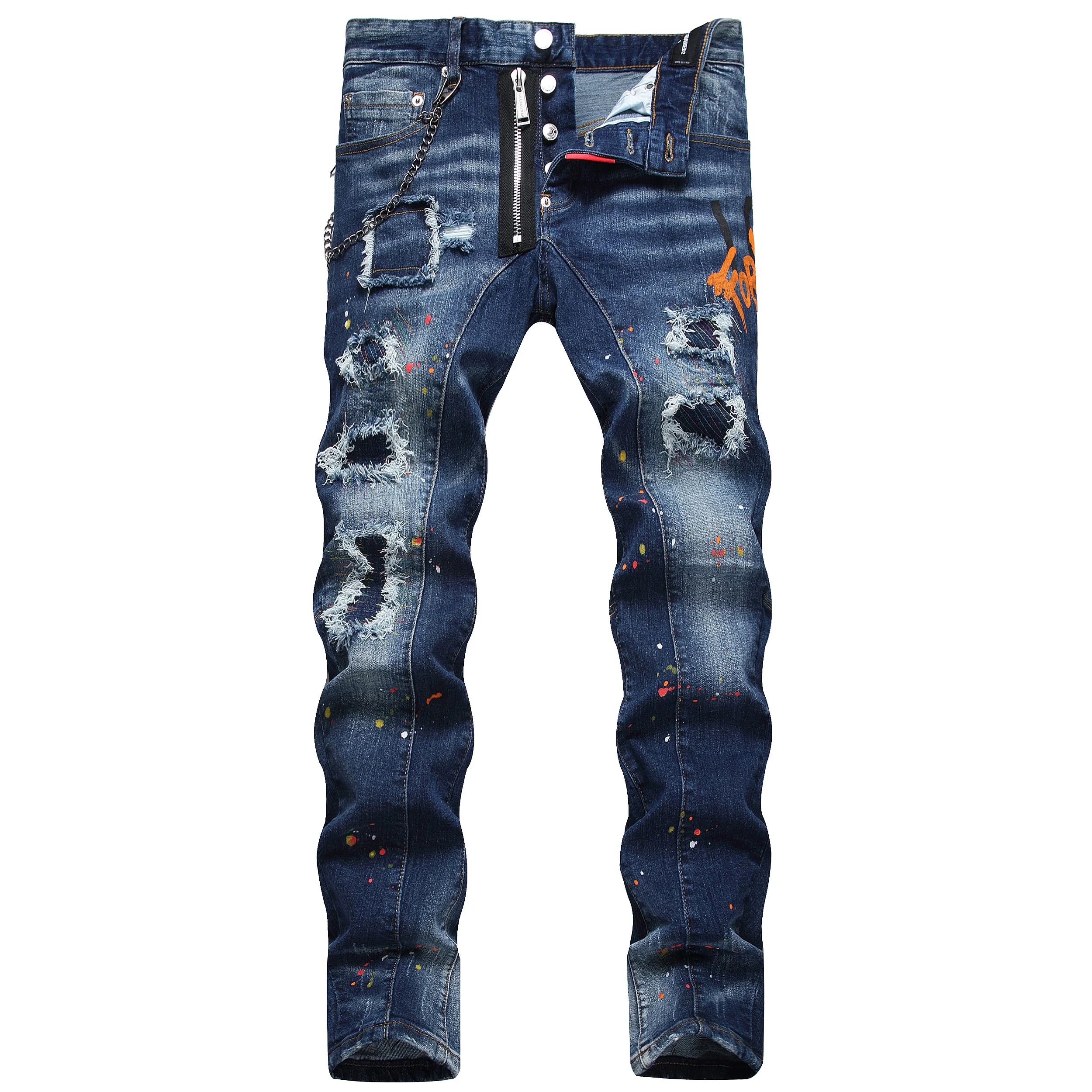 fashion design Men Jeans D2 Biker Moto Designer Patchwork Slim hole Denim Pants Male Trousers button d2 blue JEANS 085