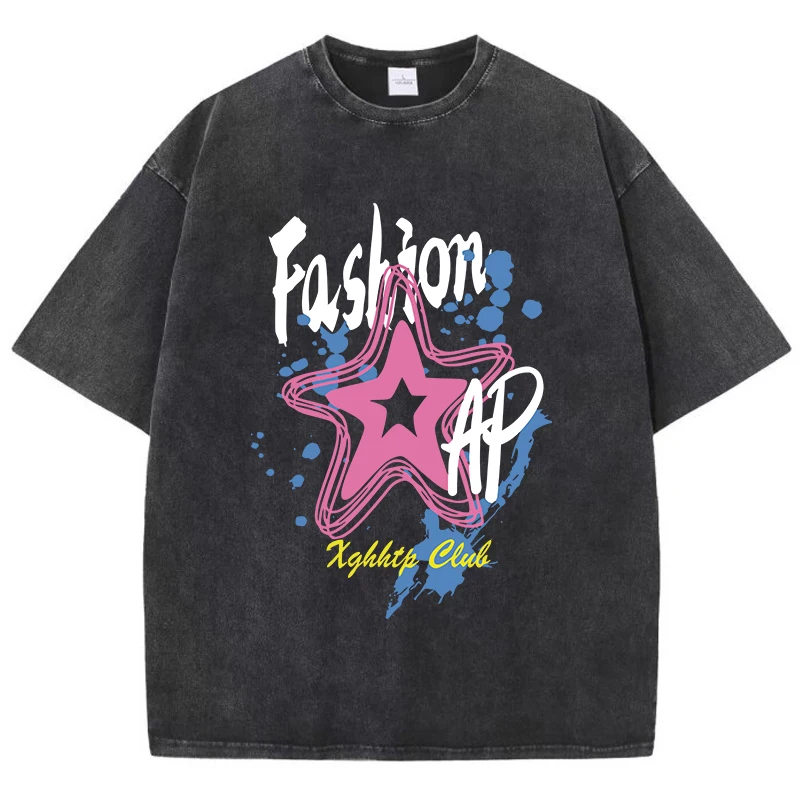 

Graffiti Fashion Pentagram Prints Washed T-Shirt Women Cotton Oversize Tops Comfortable Distressed O-Neck T Shirt Summer Clothes