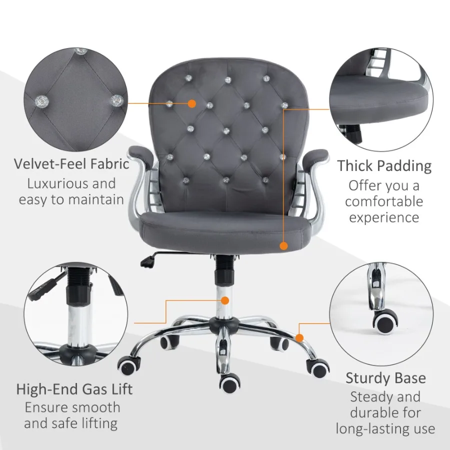 Vinsetto Velvet Home Office Chair Button Tufted Desk Chair with Padded Armrests Adjustable Height and Swivel Wheels Dark Gray