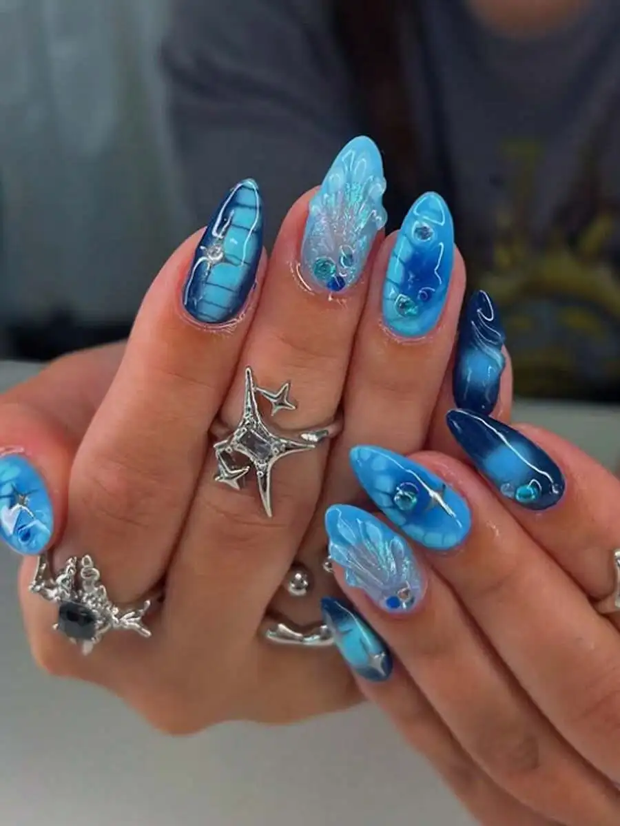 

24pcs/Set French Almond Shaped Ocean Style 3D Shiny Shell & Crocodile Pattern Press-On Nails, Includes 1pc Jelly Gel And 1pc Nai
