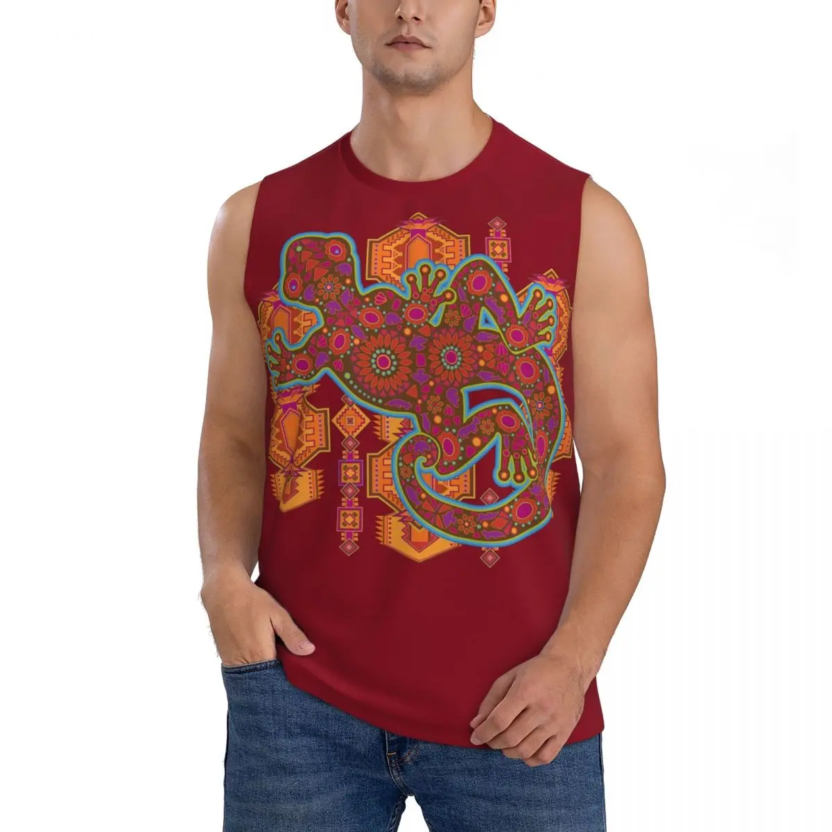 Ethnic Tribal Lizard Salamander Men Sleeveless Tank Tops Quick Dry Breathable Gym Fitness Running Summer Casual Sport Vest
