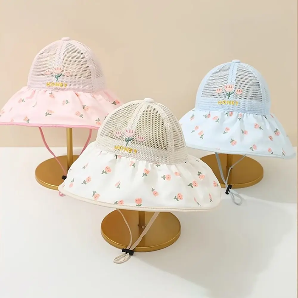 

Sweet Mesh Children Sun Cap Floral Pattern Large Brim Baby Baseball Cap Breathable Sun Protection Kids Sunshade Hat Spring