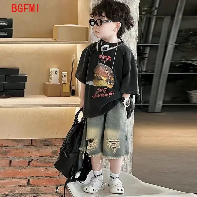 

Baby Summer Clothes Boys Teen Suits 2024 New Kids Outdoor Clothes Letter Short Sleeve T-shirts + Denim Shorts 2 Piece Set 2-10Y