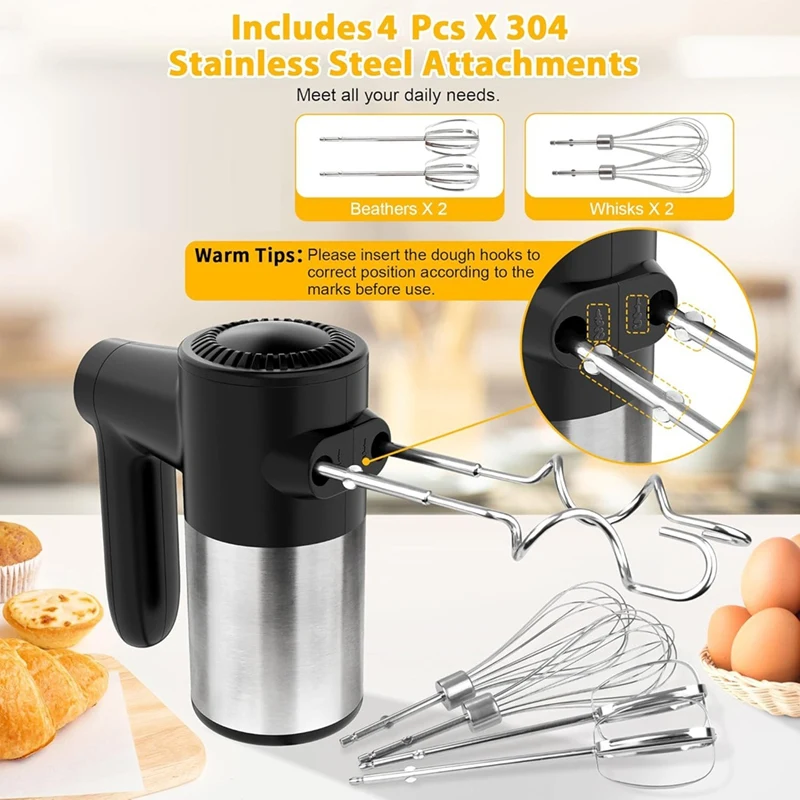 Cordless Hand Mixer,Digital Display 7 Speed Rechargeable Electric With 4 Stainless Steel Attachments,For Baking,Eggs