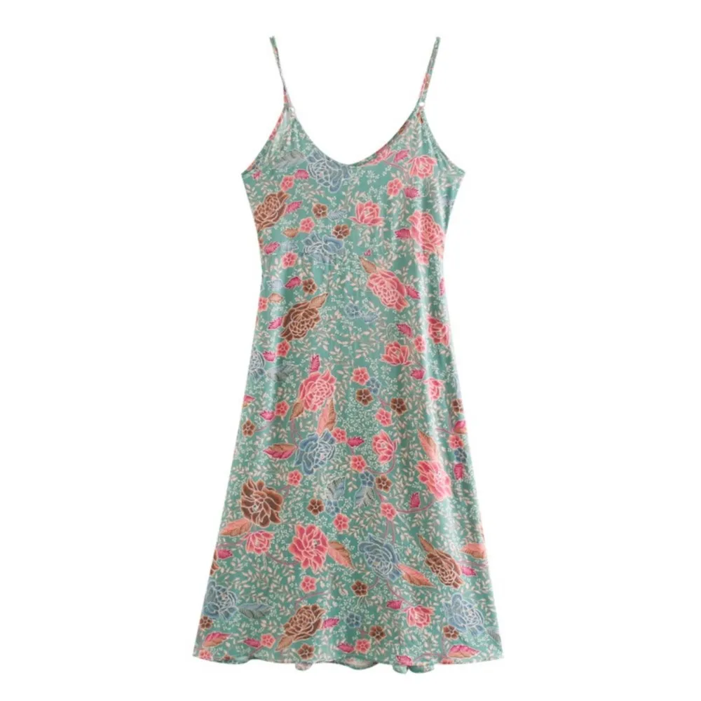 Đời Green BOHO Mở Nút Cổ V Camellia In Hoa Sling Đầm Ngày Lễ Thắt Nơ Tất Xẻ Tà Dài Spaghetti Dây Áo mùa Hè