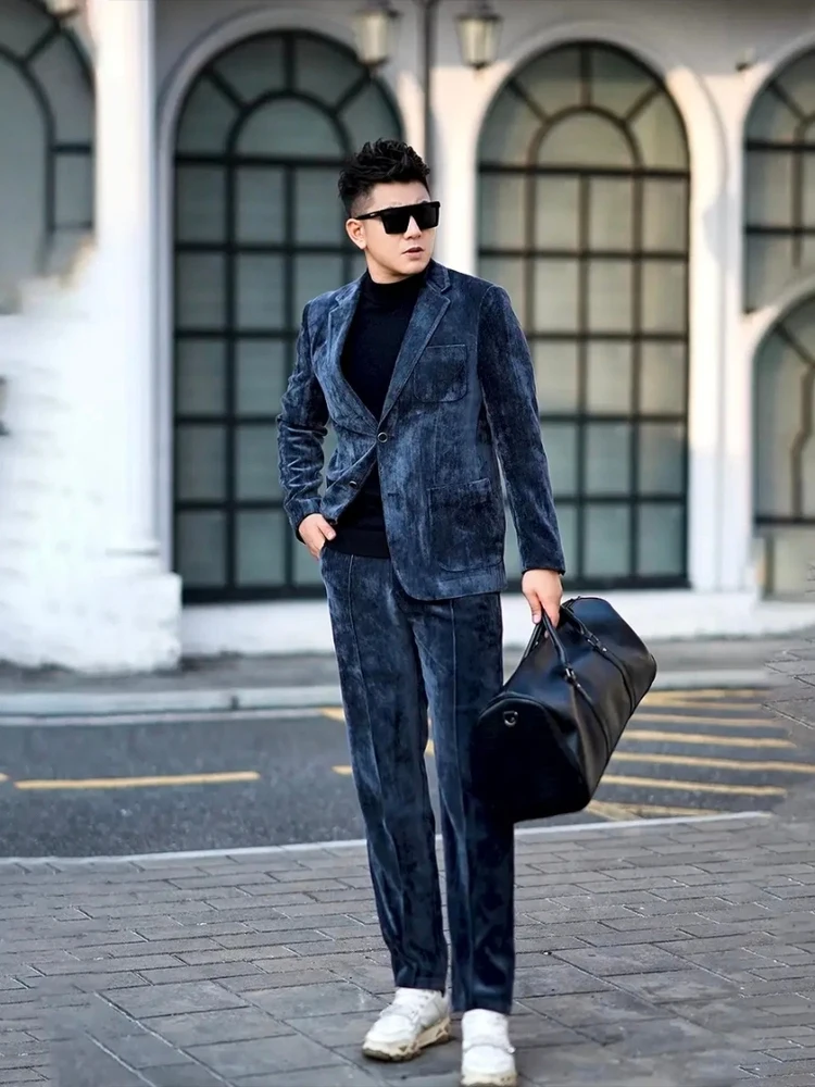 

Faionable Men's Autumn Winter Two-Piece Suit Set Luxury Versatile Snowy Mixture Fabric Long Sve Coat And Pants Ensemble