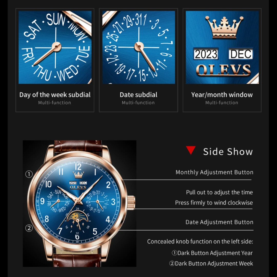 OLEVS 6698, механические деловые часы, подарок, ремешок для часов из натуральной кожи, наручные часы с круглым циферблатом