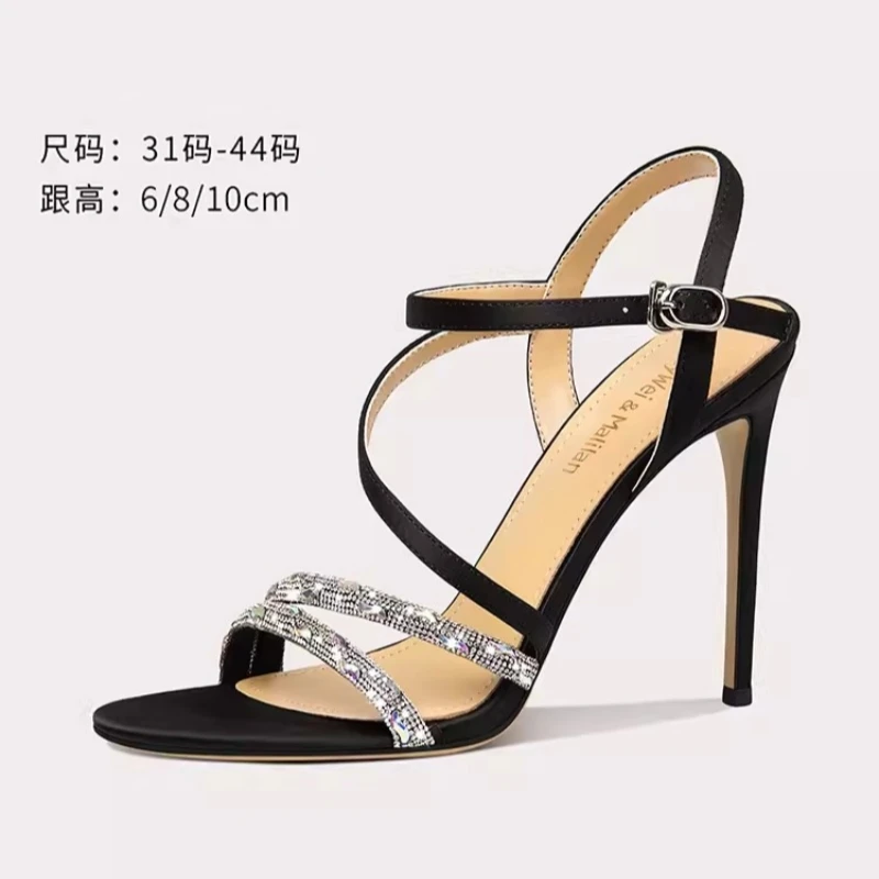 

Summer New Round Headed Silk Face Water Diamond One line Sandals with Thin High Heels Banquet Dress Large and Small Women Sandal