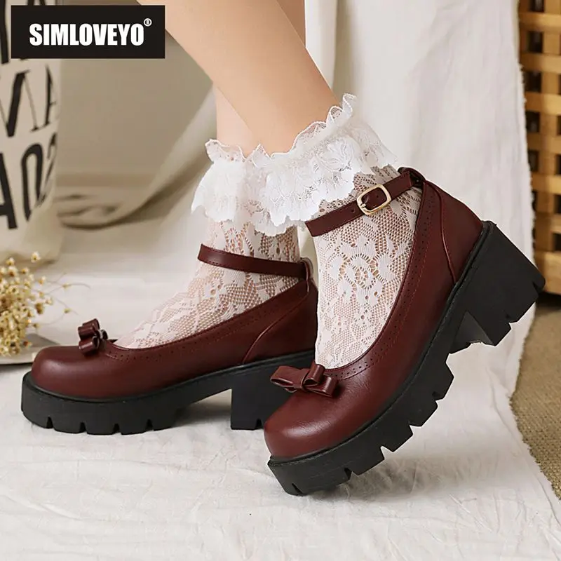 

SIMLOVEYO Sweet Mary Janes Pumps Round Toe Thick Heels 6.5cm Platform 2.8cm Buckle Strap Bowknot Big Size 41 42 43 Casual Shoes