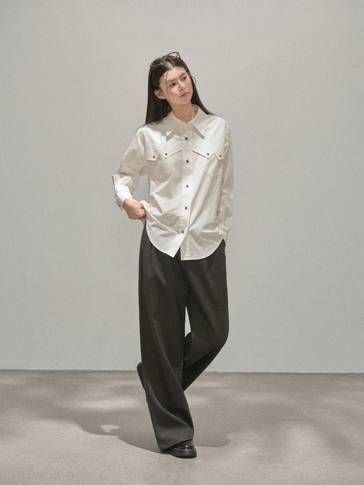 

White Collar Long Sve Loose Women's irt Spring New Design Sensation Premium Feeling Casual Cotton Blend irt