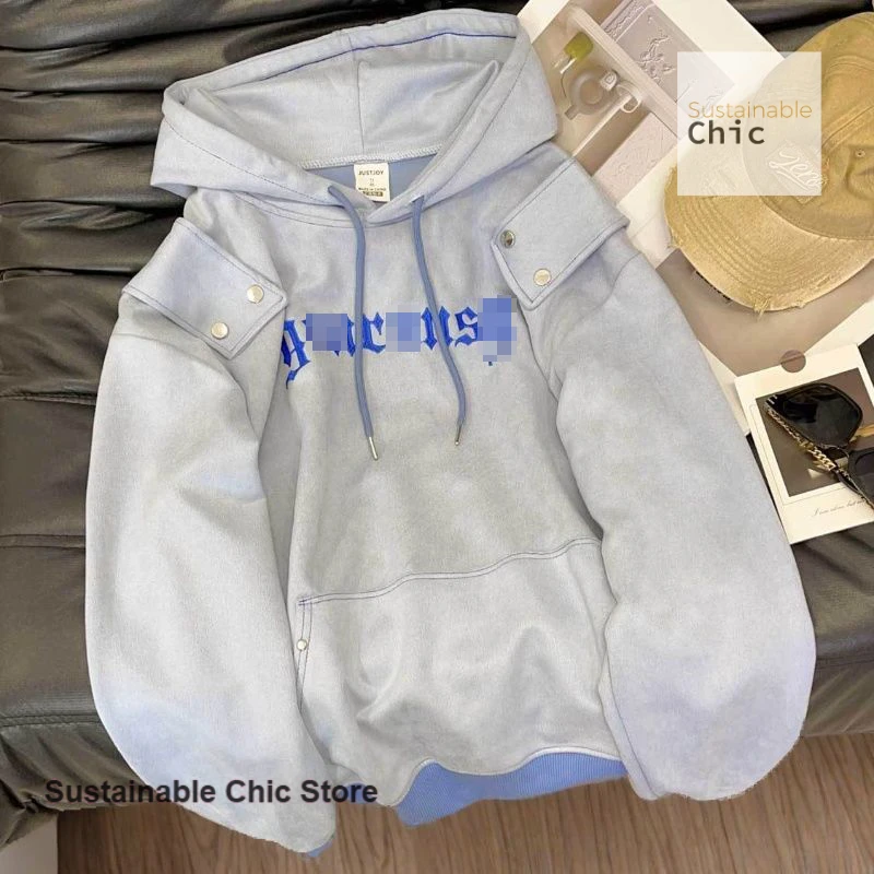 

American retro old letter embroidery hooded sweater women's autumn and winter plus velvet casual plus large size loose top