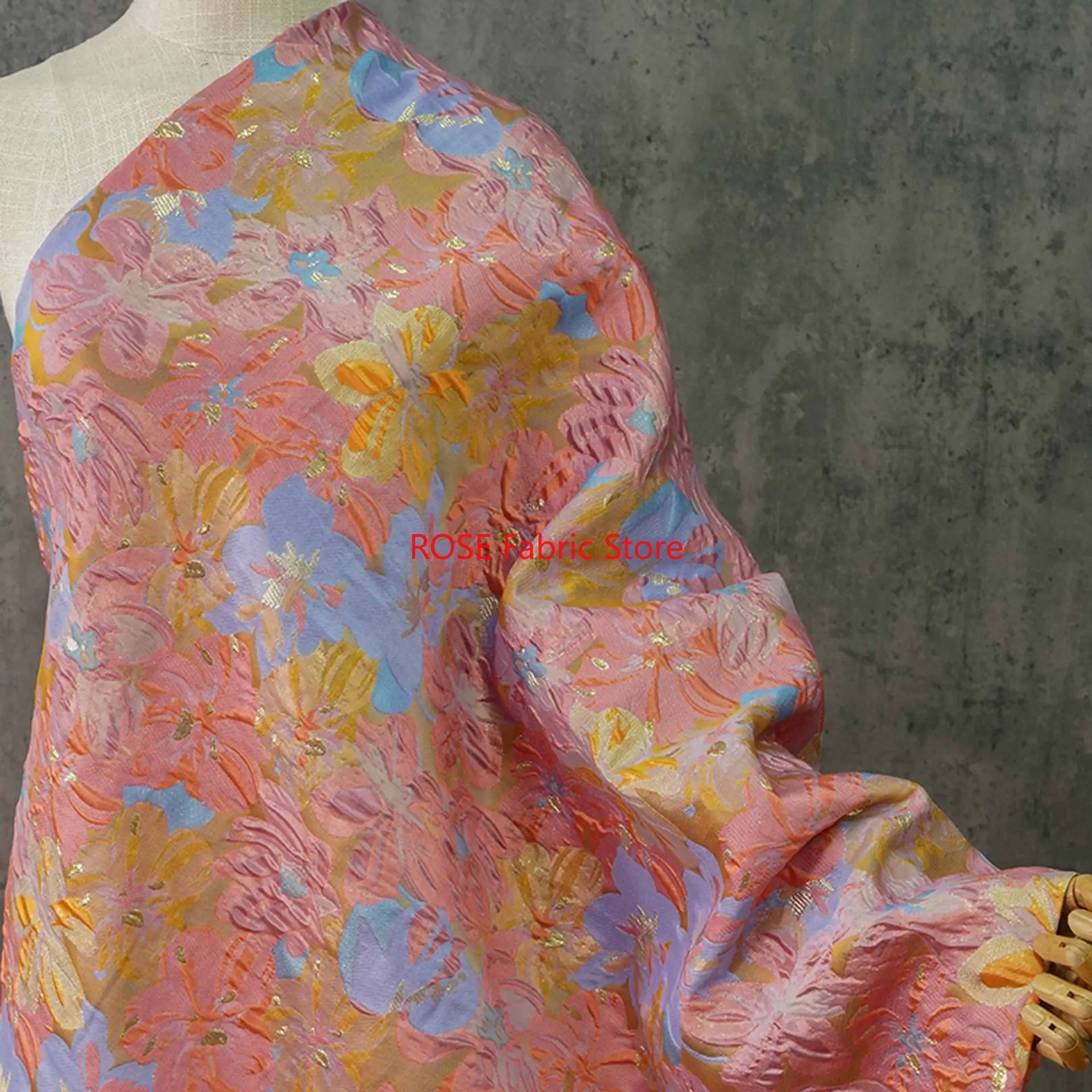 

1 Meter Pink and Blue Flower Woven Embossed Jacquard Fabric Puffy Dress Gown Coat Bag Diy Sewing Fabric