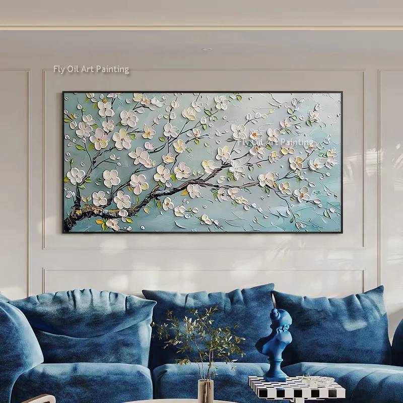 Brown And White Cherry Flowers Tree Knife Thick Canvas Oil Painting Handmade Abstract Blue White Florals Artwork Decor For Room