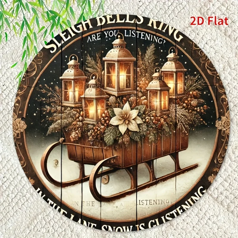[مسطح [مسطح] قطعة واحدة من لافتة الحائط المعدنية الحديدية المستديرة - إكليل عيد الميلاد العتيق مع رجل الثلج والأجراس وفروع الصنوبر - متين للاستخدام الداخلي/الخارجي