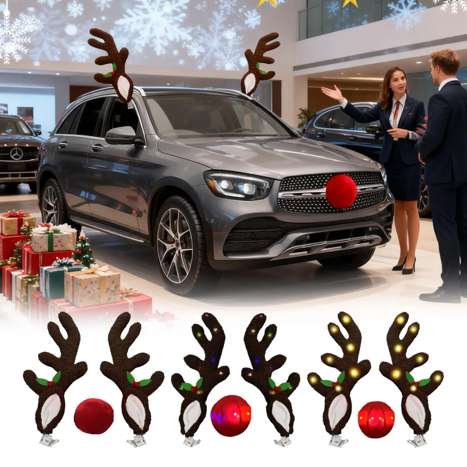 Car Antlers LED Antler With Nose Car Decor For Automotive Truck Vehicle SUV Exterior Window Roof Top Holiday