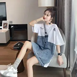 Fashion Patchwork Denim Fake Two Pieces Oversized T Shirt Female Clothing Summer New Loose Korean Batwing Sleeve Casual Dresses