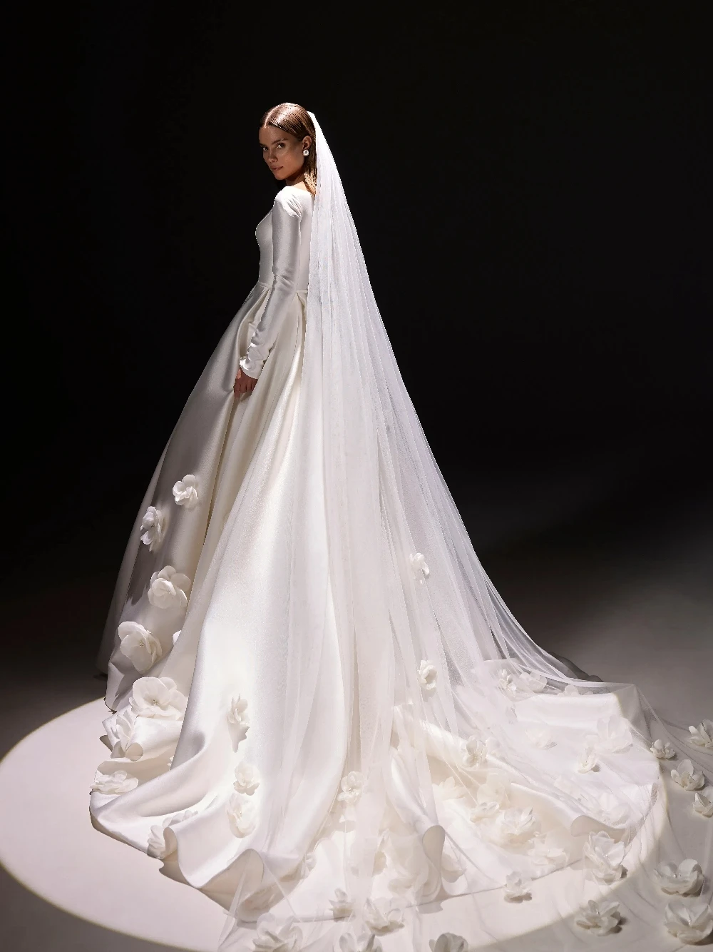 Customized Modest Satin Ball Bridal Attire Square Neck 3D Flower Decor Flowy Voluminous Skirt Elegant Train Romantic Wedding