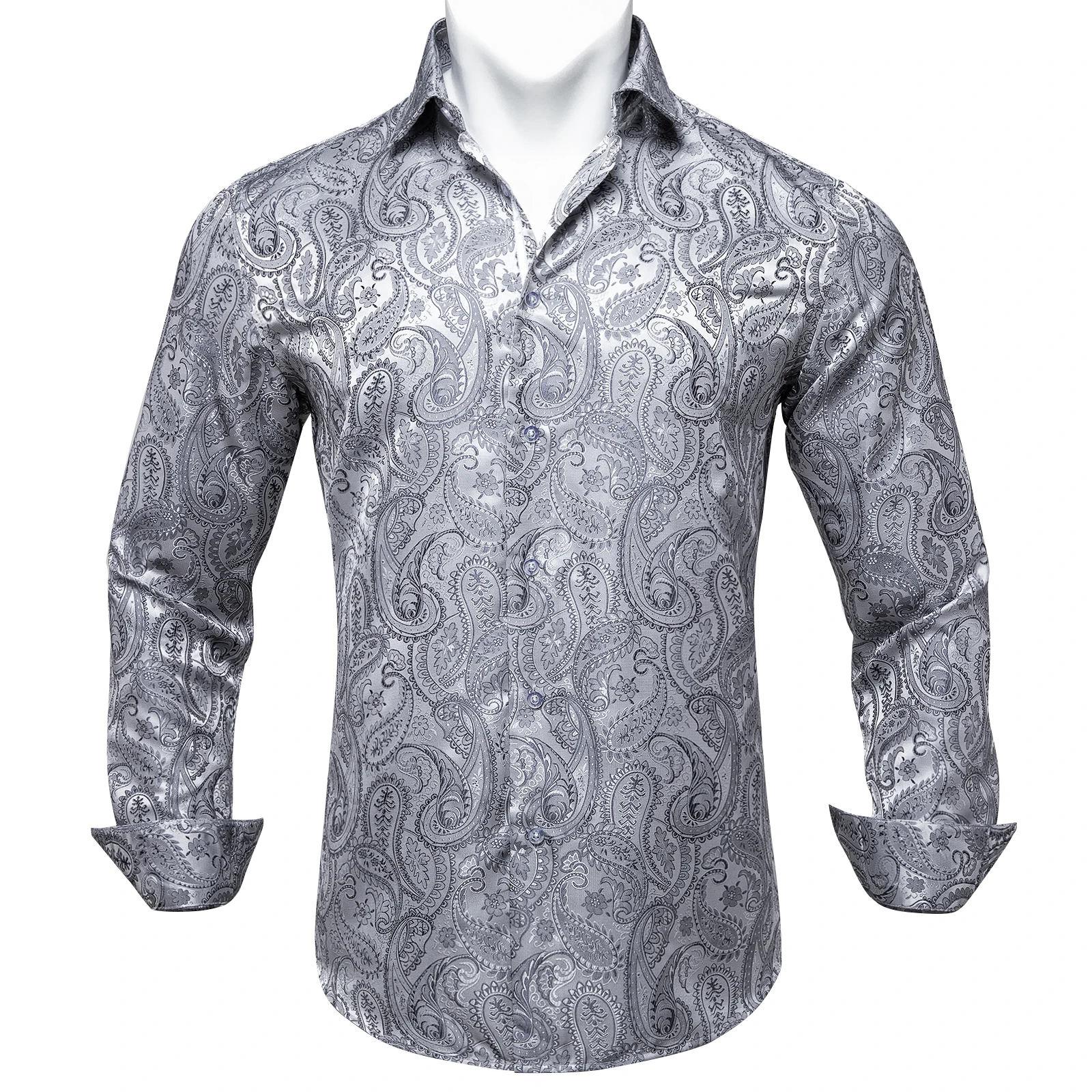 Fashion Paisley Floral Men Shirt Silver White Business Casual Long Sleeve Social Collar Shirts Brand Male Button Blouses